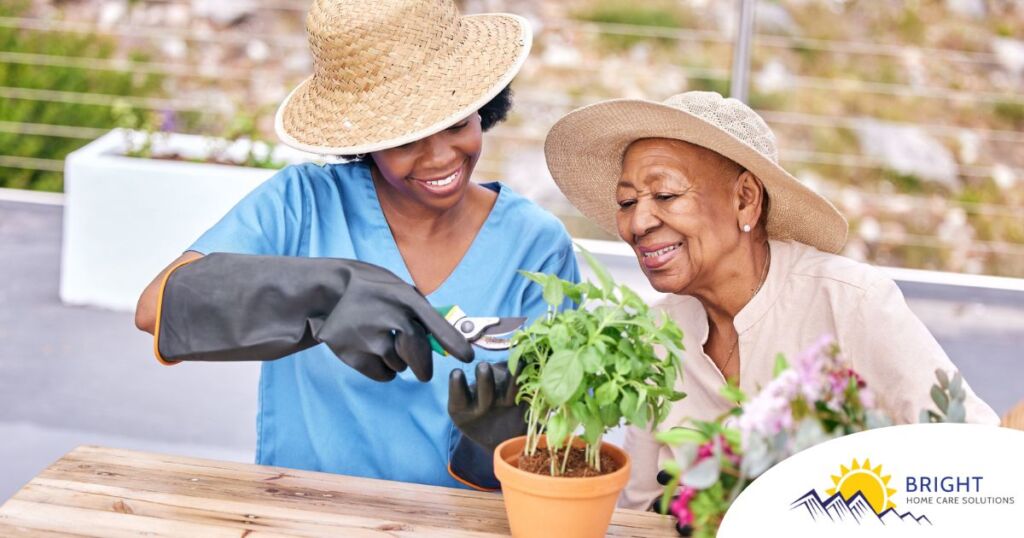 Caregiver and Senior gardening as part of companion care activities.