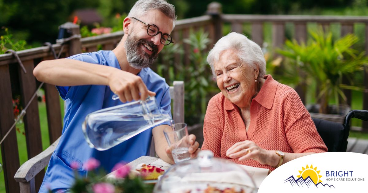 A caregiver applies summer Caregiving Tips including helping a senior stay hydrated.